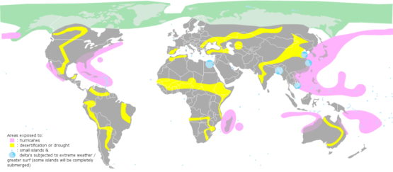 **Map showing where natural disasters caused/aggravated by global warming may occur. | Author: KVDP | Wikimedia Commons
